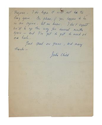 CHILD, JULIA. Autograph Letter Signed, to Dear Mrs. Fairbanks,